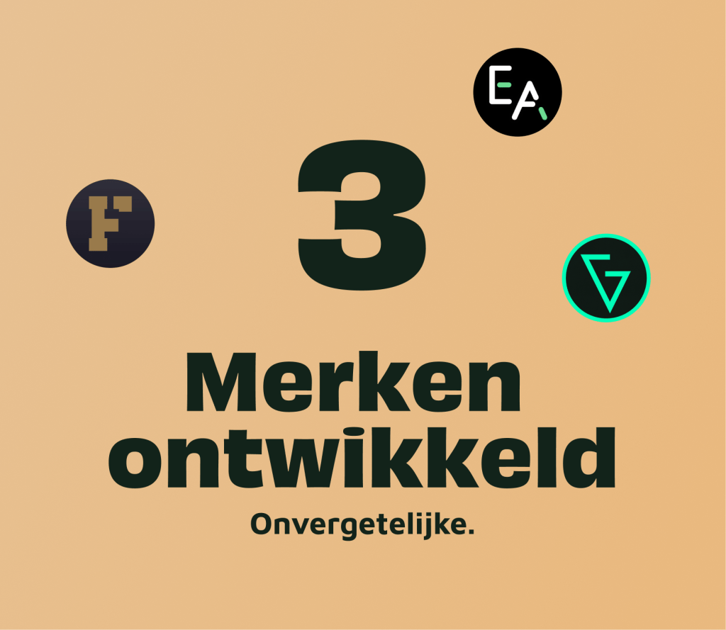Poster-style image on a peach background featuring a large dark green number 3, four circular logos around it (navy circle with a beige 'f', black circle with white 'EA' and green accents, and a turquoise-ringed black circle with a turquoise symbol), and bold Dutch text reading 'Merken ontwikkeld' with a subtitle line.